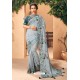 Aqua Grey Party Wear Designer Embroidered Art Silk Sari