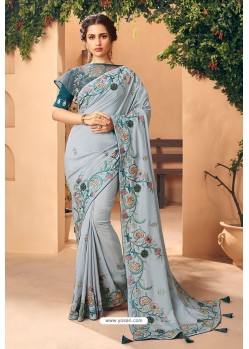 Aqua Grey Party Wear Designer Embroidered Art Silk Sari