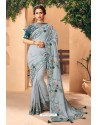 Aqua Grey Party Wear Designer Embroidered Art Silk Sari