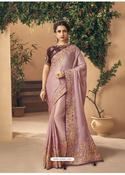 Dusty Pink Party Wear Designer Embroidered Art Silk Sari