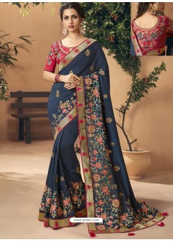 Navy Blue Party Wear Designer Embroidered Art Silk Sari