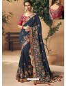 Navy Blue Party Wear Designer Embroidered Art Silk Sari