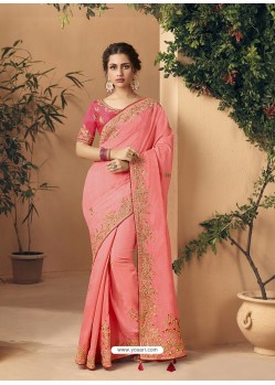 Light Red Party Wear Designer Embroidered Art Silk Sari