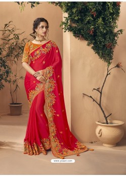 Red Party Wear Designer Embroidered Art Silk Sari