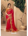 Red Party Wear Designer Embroidered Art Silk Sari