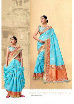 Sky Blue Traditional Party Wear Designer Silk Sari
