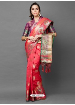 Light Red Party Wear Designer Silk Sari