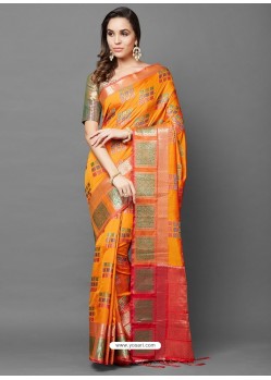 Orange Party Wear Designer Silk Sari