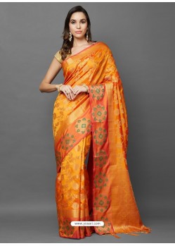Stylish Orange Party Wear Designer Silk Sari
