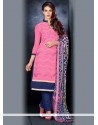Sumptuous Hot Pink Lace Work Chanderi Cotton Churidar Salwar Kameez