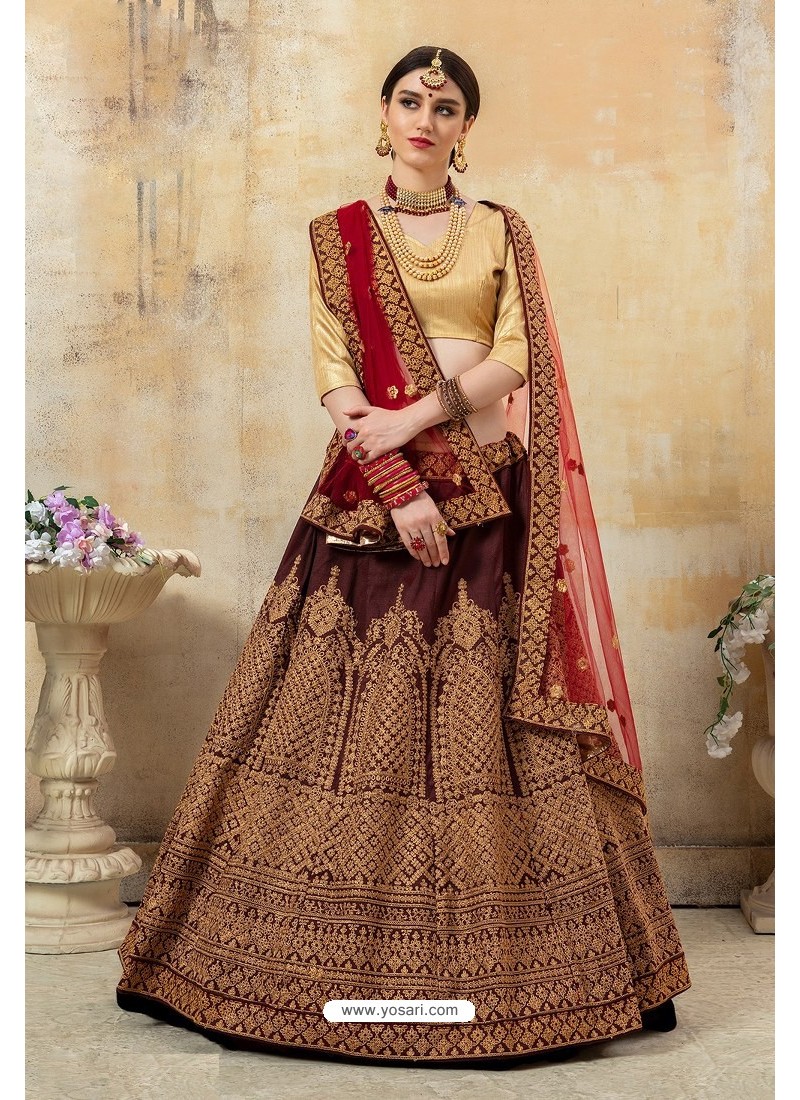 Buy Maroon Raw Silk Embroidered Thread And Shadi Saga Bridal Lehenga Set  For Women by Kalighata Online at Aza Fashions.