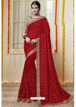 Red Embroidered Latest Designer Wedding Sari