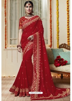 Sizzling Red Embroidered Latest Designer Wedding Sari