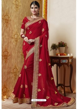 Dashing Red Embroidered Latest Designer Wedding Sari