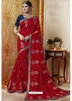 Classy Red Embroidered Latest Designer Wedding Sari