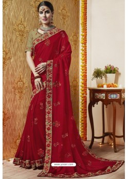 Red Embroidered Latest Designer Wedding Sari