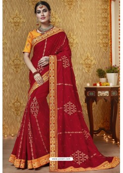 Sizzling Red Embroidered Latest Designer Wedding Sari