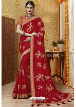 Dashing Red Embroidered Latest Designer Wedding Sari