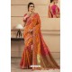 Orange Party Wear Designer Embroidered Heavy Banarasi Silk Sari