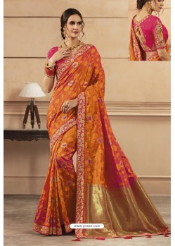 Orange Party Wear Designer Embroidered Heavy Banarasi Silk Sari