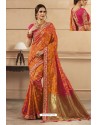 Orange Party Wear Designer Embroidered Heavy Banarasi Silk Sari