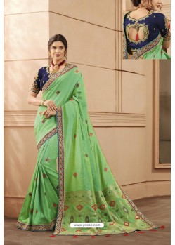 Sea Green Party Wear Designer Embroidered Heavy Banarasi Silk Sari