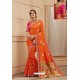 Orange Party Wear Designer Embroidered Heavy Banarasi Silk Sari