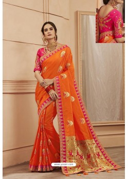 Orange Party Wear Designer Embroidered Heavy Banarasi Silk Sari