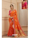 Orange Party Wear Designer Embroidered Heavy Banarasi Silk Sari