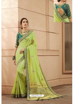 Green Party Wear Designer Embroidered Heavy Banarasi Silk Sari