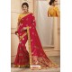 Rose Red Party Wear Designer Embroidered Heavy Banarasi Silk Sari