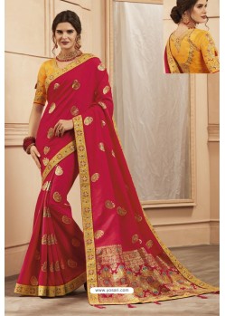 Rose Red Party Wear Designer Embroidered Heavy Banarasi Silk Sari