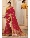 Rose Red Party Wear Designer Embroidered Heavy Banarasi Silk Sari