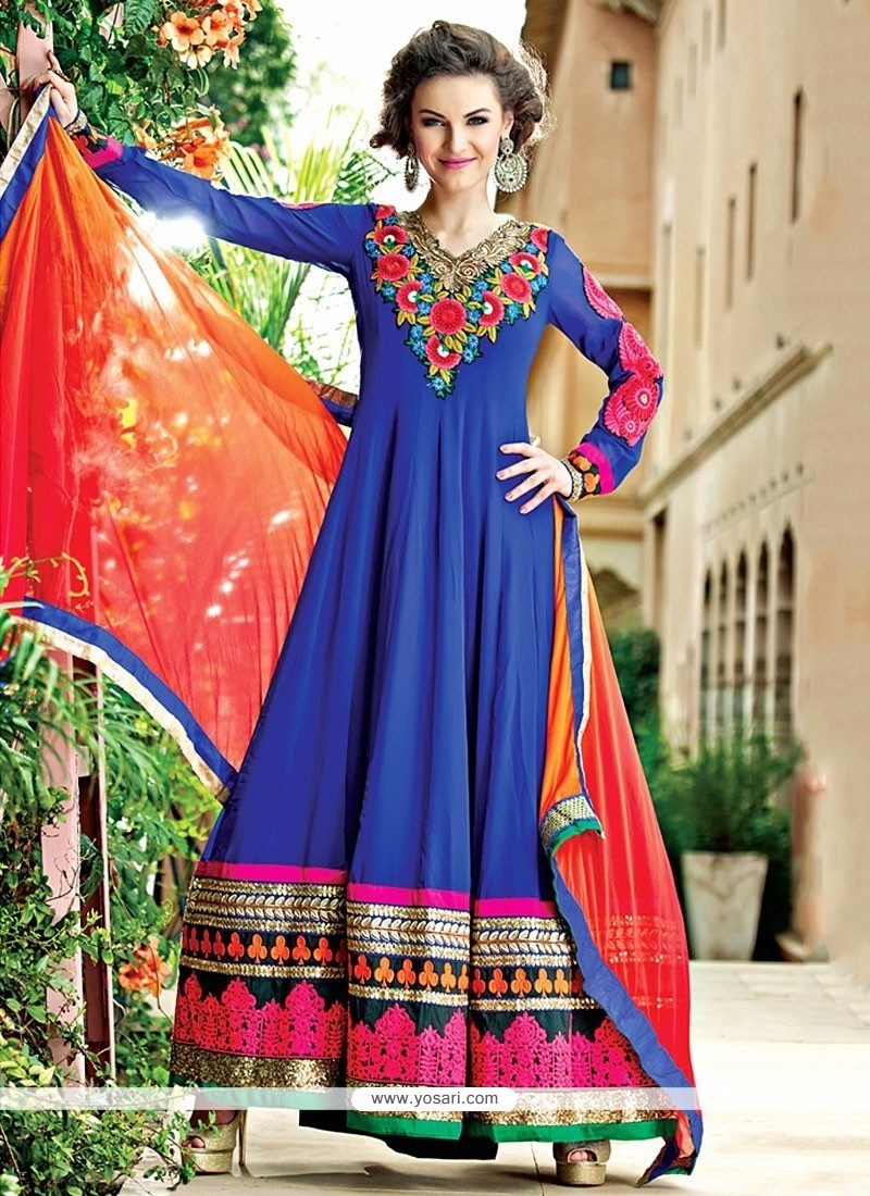 Amazing Blue Georgette Resham Anarkali Suits