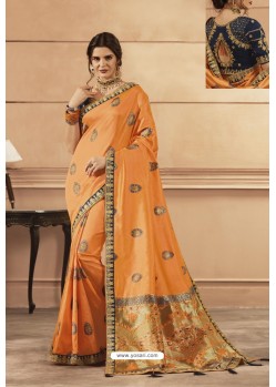 Light Orange Party Wear Designer Embroidered Heavy Banarasi Silk Sari