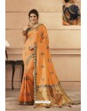 Light Orange Party Wear Designer Embroidered Heavy Banarasi Silk Sari