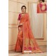 Orange Party Wear Designer Embroidered Heavy Banarasi Silk Sari