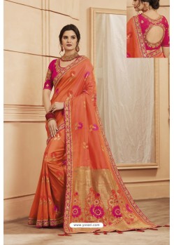 Orange Party Wear Designer Embroidered Heavy Banarasi Silk Sari