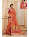 Orange Party Wear Designer Embroidered Heavy Banarasi Silk Sari