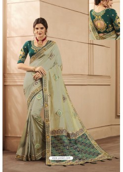 Grayish Green Party Wear Designer Embroidered Heavy Banarasi Silk Sari