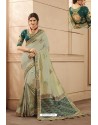 Grayish Green Party Wear Designer Embroidered Heavy Banarasi Silk Sari