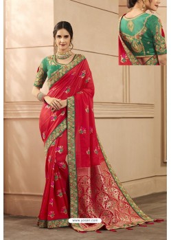 Red Party Wear Designer Embroidered Heavy Banarasi Silk Sari