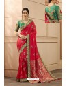 Red Party Wear Designer Embroidered Heavy Banarasi Silk Sari