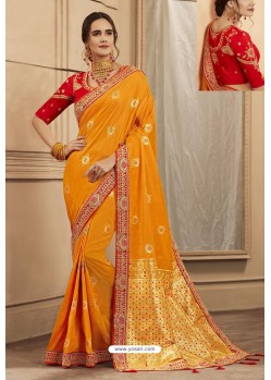 Yellow Party Wear Designer Embroidered Heavy Banarasi Silk Sari