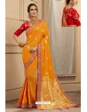 Yellow Party Wear Designer Embroidered Heavy Banarasi Silk Sari