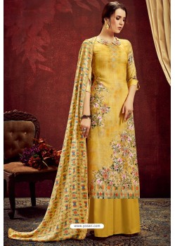 Yellow Designer Party Wear Wool Pashmina Jacquard Palazzo Salwar Suit