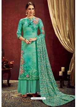 Jade Green Designer Party Wear Wool Pashmina Jacquard Palazzo Salwar Suit