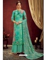 Jade Green Designer Party Wear Wool Pashmina Jacquard Palazzo Salwar Suit