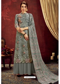 Grey Designer Party Wear Wool Pashmina Jacquard Palazzo Salwar Suit