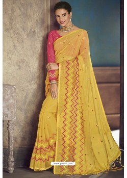 Yellow Party Wear Designer Chiffon Sari